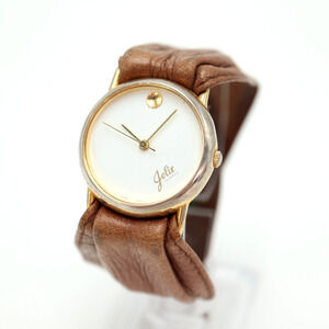 Vintage Jolie Gold Tone Watch 29mm White Circle Dial Brown Leather New Battery